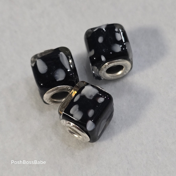 Set of 3 Black & White Polka Dot Murano Glass Square European Beads 925 Sterling - Picture 5 of 7